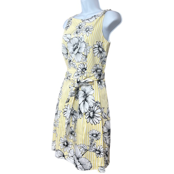 Sz4 Anne Klein Yellow Black White Floral Print Sleeveless Dress Belted - Picture 3 of 6